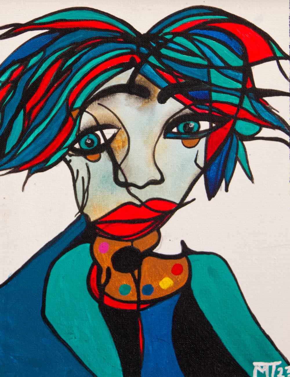 An artwork of a woman using blue, green and red colours  
